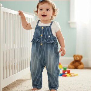 OM Love Striped Denim Ruffle Overalls Size 12-18 Months